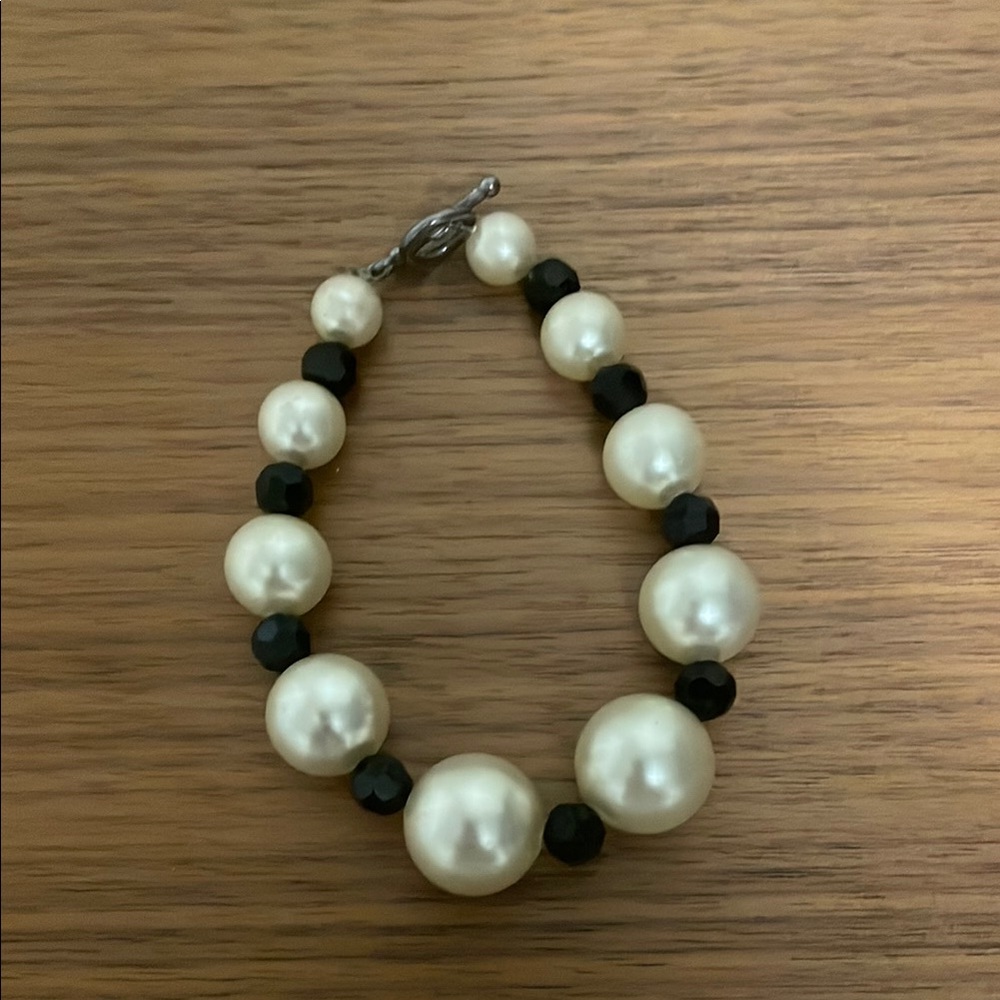 Vintage Faux Pearl & Black Bead Bracelet, Toggle Clasp